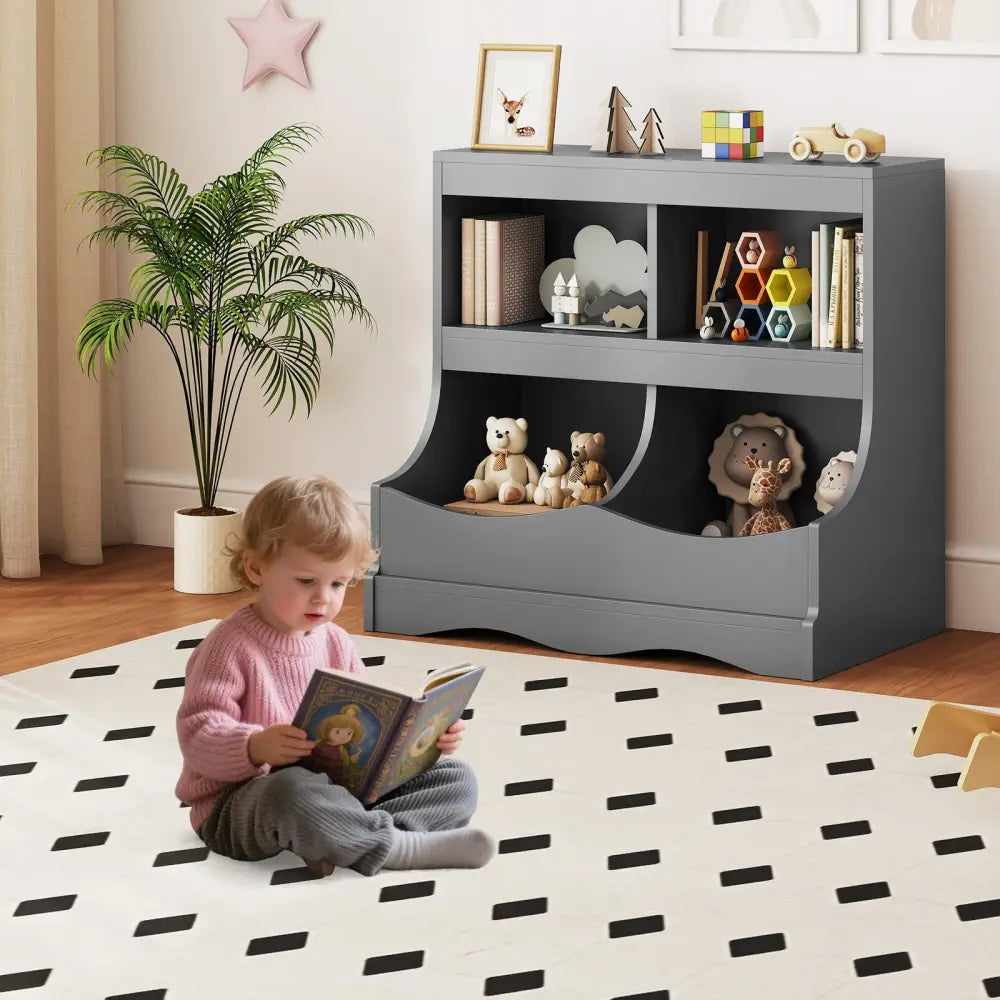 Toy Storage Organizer 4-Cubby Kids Bookcase for Toys and Books-Gray - Gray - Kids Storage
