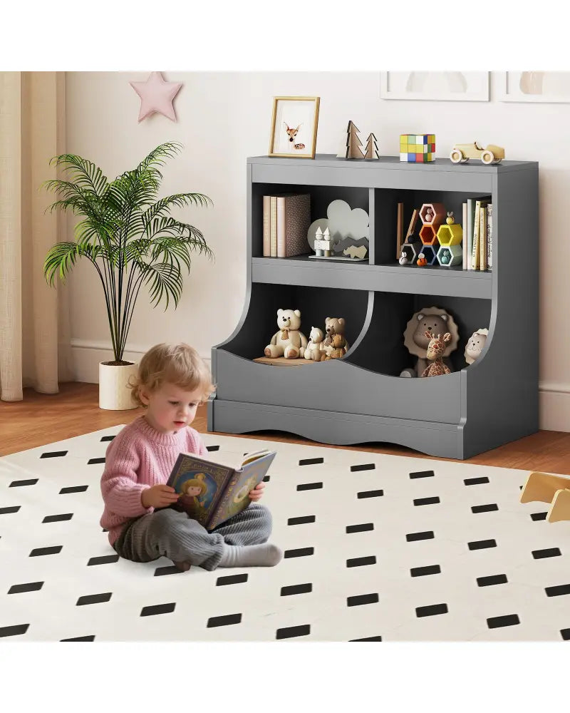 Toy Storage Organizer 4-Cubby Kids Bookcase for Toys and Books-Gray - Gray - Kids Storage