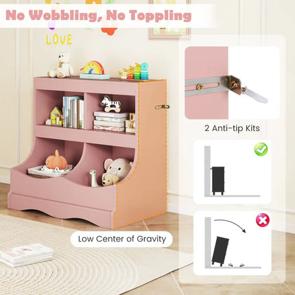 Toy Storage Organizer 4-Cubby Kids Bookcase for Toys and Books-Pink - Pink - Kids Storage