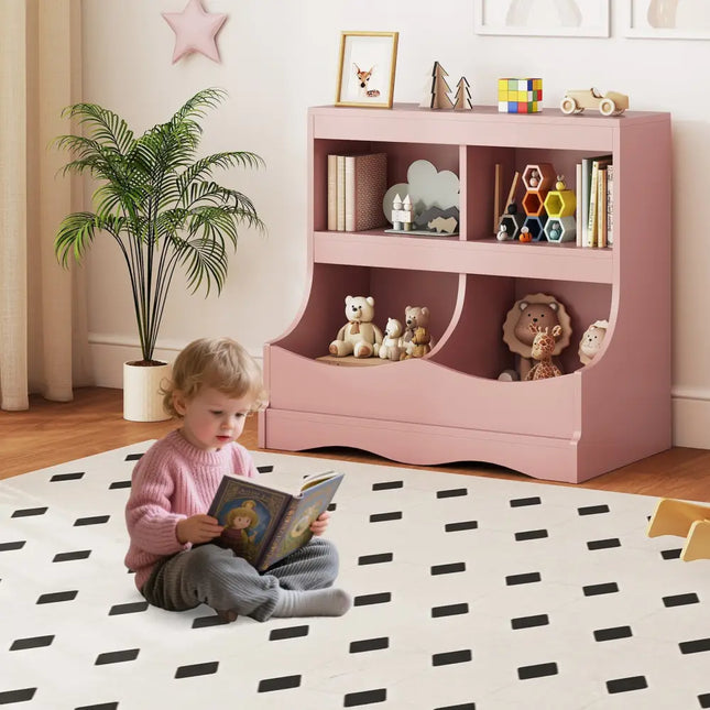 Toy Storage Organizer 4-Cubby Kids Bookcase for Toys and Books-Pink - Pink - Kids Storage