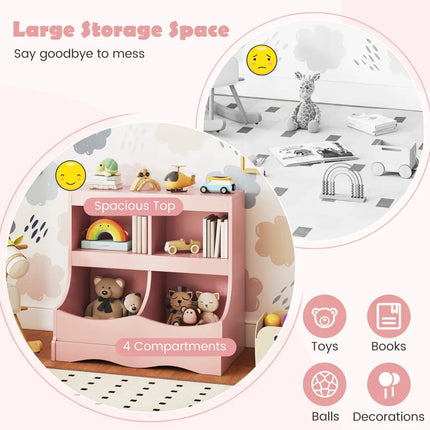 Toy Storage Organizer 4-Cubby Kids Bookcase for Toys and Books-Pink - Pink - Kids Storage