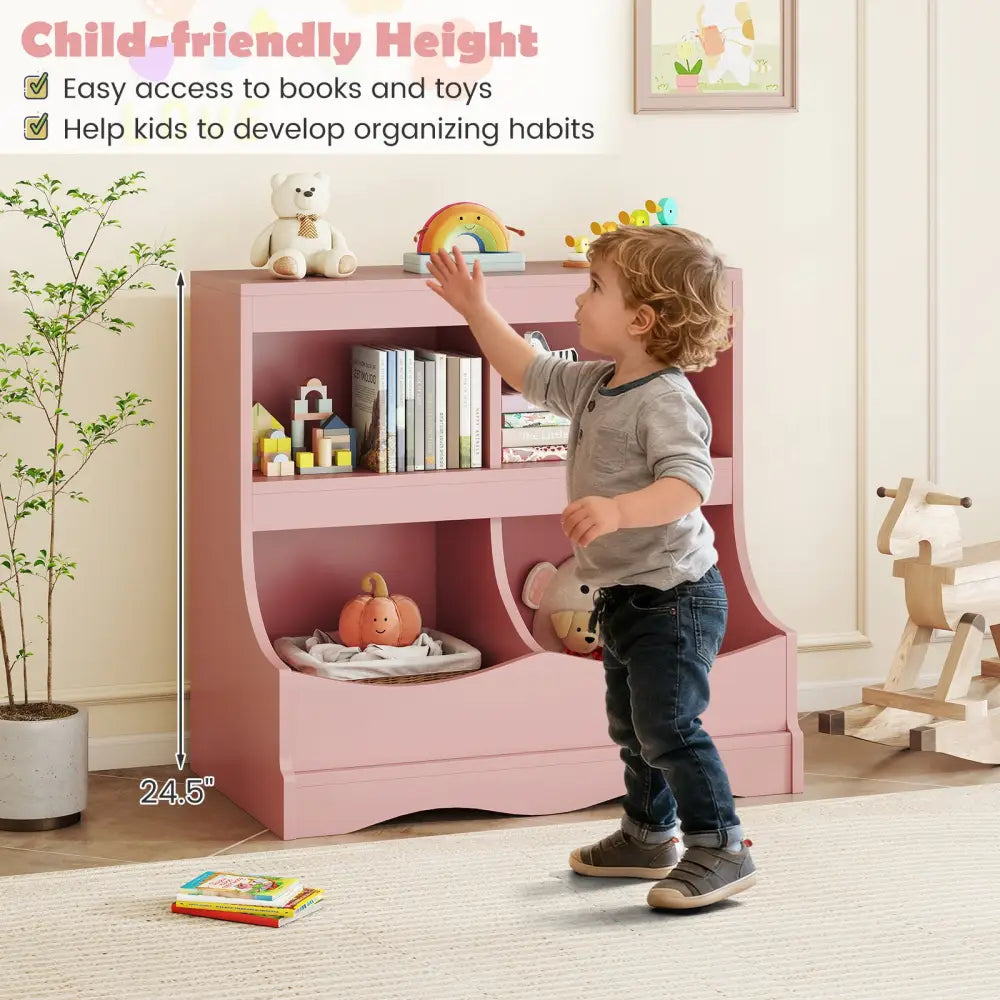 Toy Storage Organizer 4-Cubby Kids Bookcase for Toys and Books-Pink - Pink - Kids Storage
