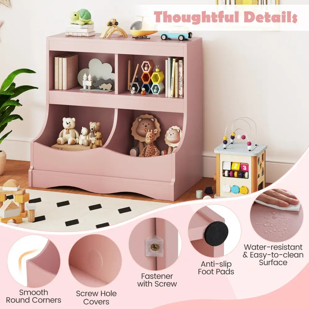 Toy Storage Organizer 4-Cubby Kids Bookcase for Toys and Books-Pink - Pink - Kids Storage