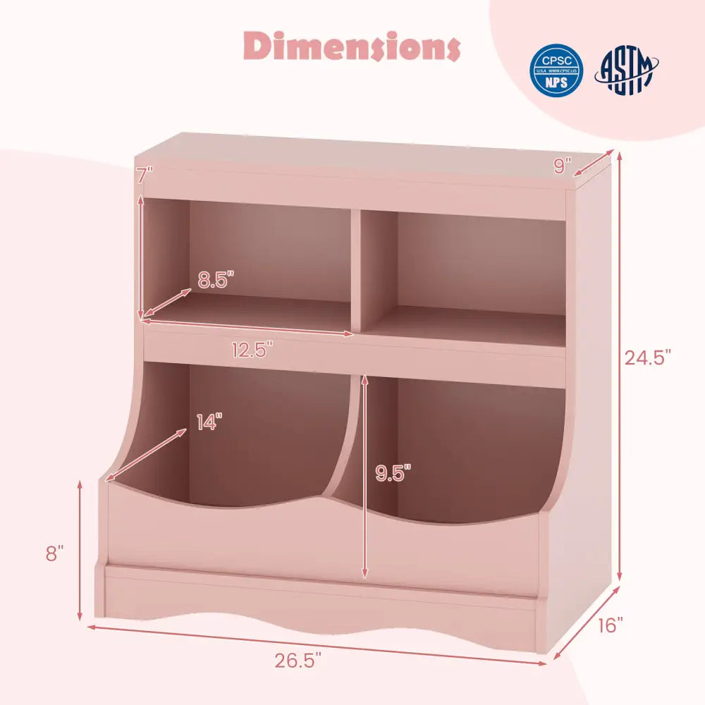 Toy Storage Organizer 4-Cubby Kids Bookcase for Toys and Books-Pink - Pink - Kids Storage