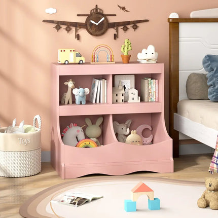 Toy Storage Organizer 4-Cubby Kids Bookcase for Toys and Books-Pink - Pink - Kids Storage