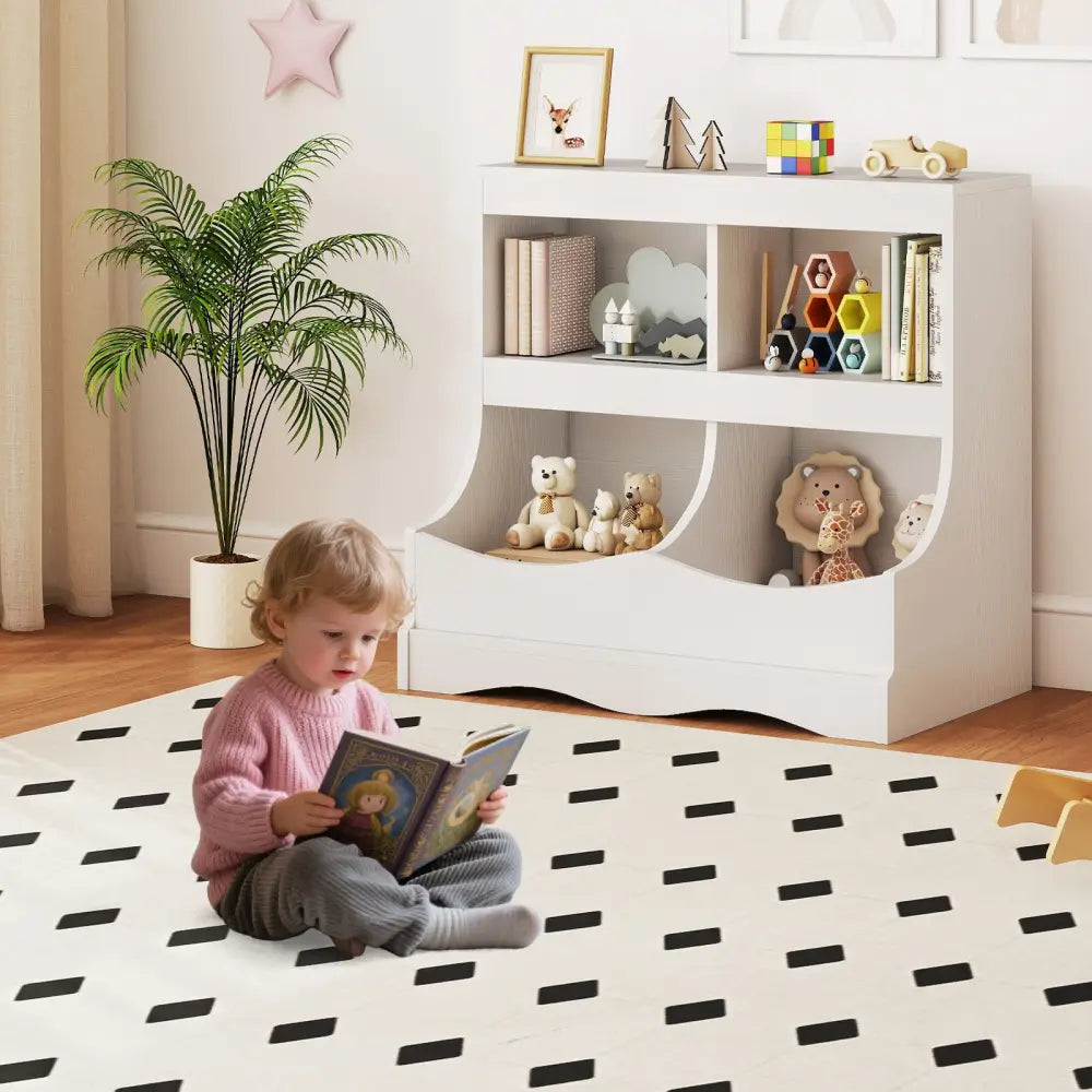 Toy Storage Organizer 4-Cubby Kids Bookcase for Toys and Books-White - White - Kids Storage