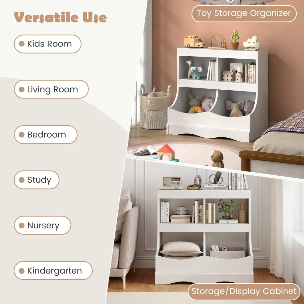 Toy Storage Organizer 4-Cubby Kids Bookcase for Toys and Books-White - White - Kids Storage