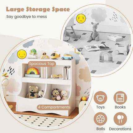 Toy Storage Organizer 4-Cubby Kids Bookcase for Toys and Books-White - White - Kids Storage
