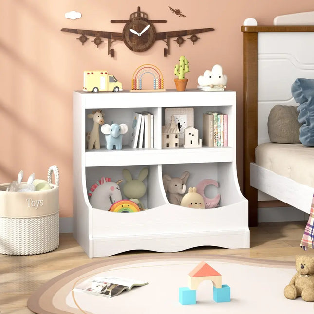 Toy Storage Organizer 4-Cubby Kids Bookcase for Toys and Books-White - White - Kids Storage