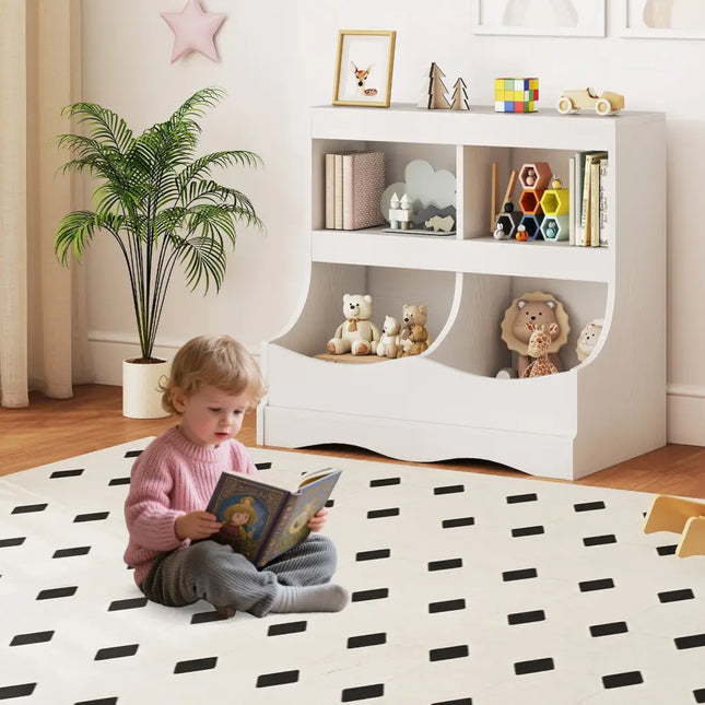 Toy Storage Organizer 4-Cubby Kids Bookcase for Toys and Books-White - White - Kids Storage