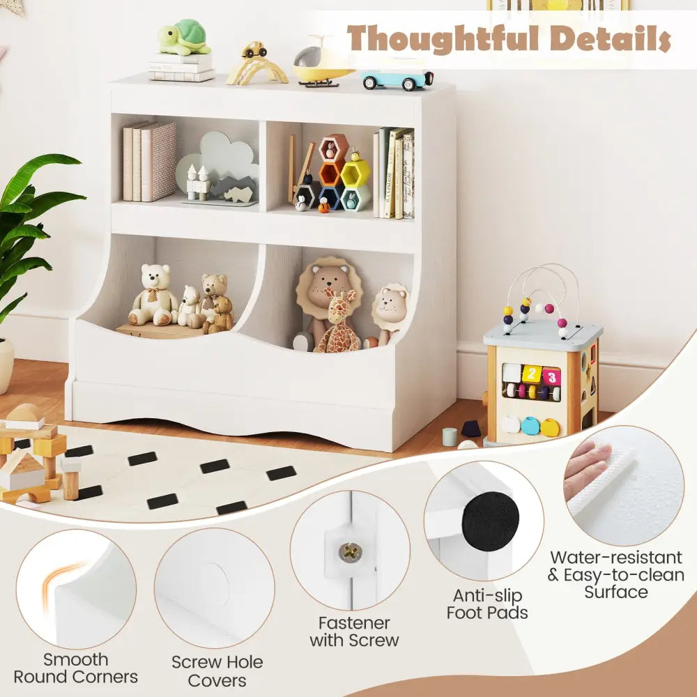Toy Storage Organizer 4-Cubby Kids Bookcase for Toys and Books-White - White - Kids Storage