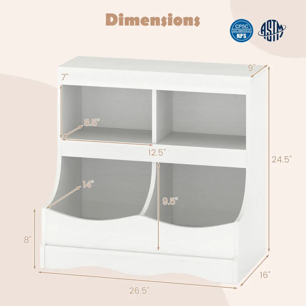 Toy Storage Organizer 4-Cubby Kids Bookcase for Toys and Books-White - White - Kids Storage