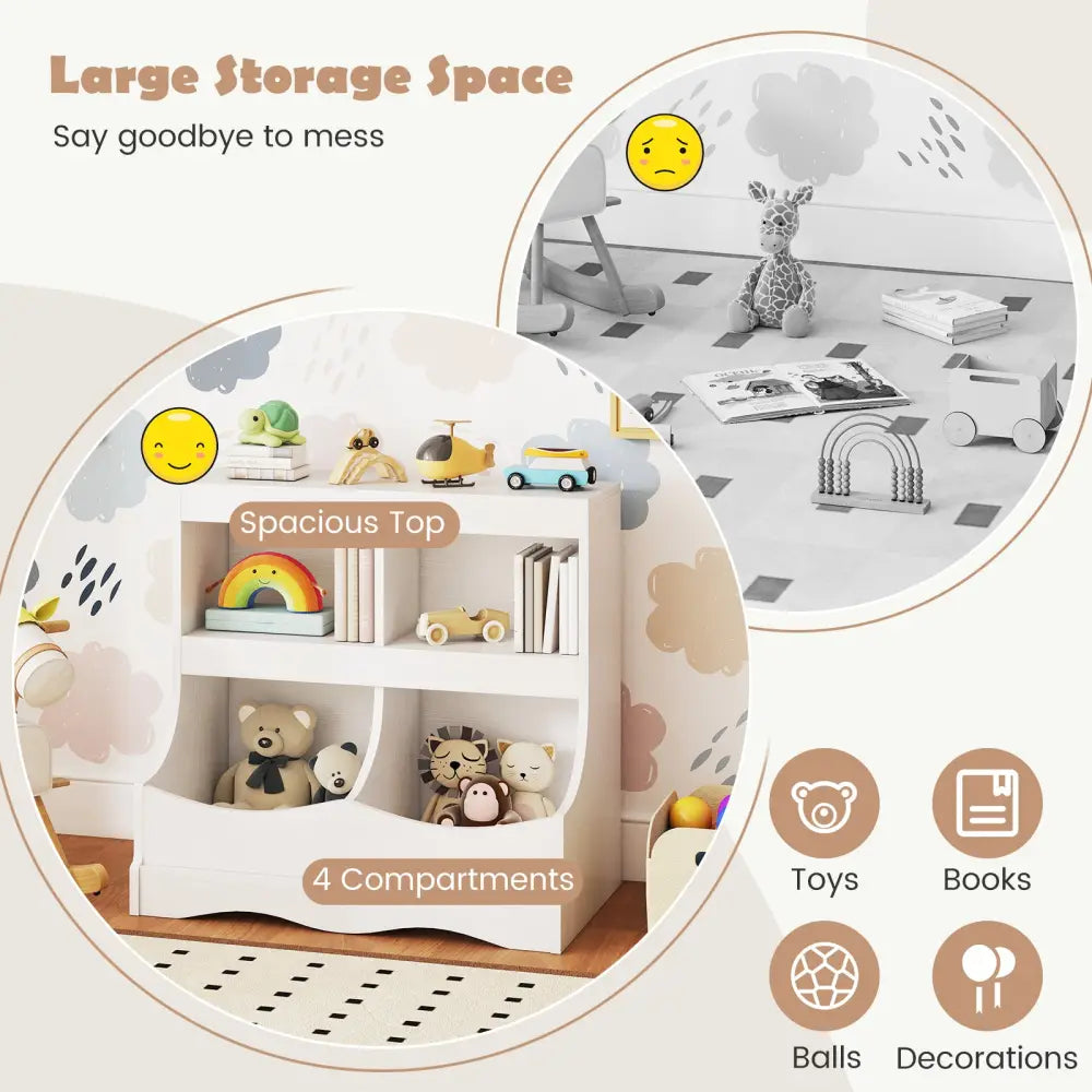 Toy Storage Organizer 4-Cubby Kids Bookcase for Toys and Books-White - White - Kids Storage