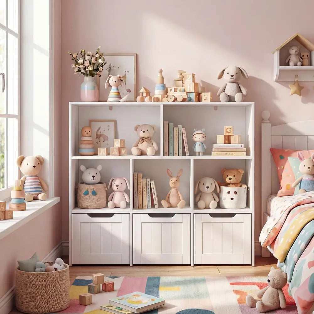 Toy Storage Organizer with 3 Movable Drawers and 5 Open Cubbies for Playroom-White - White - Kids Storage