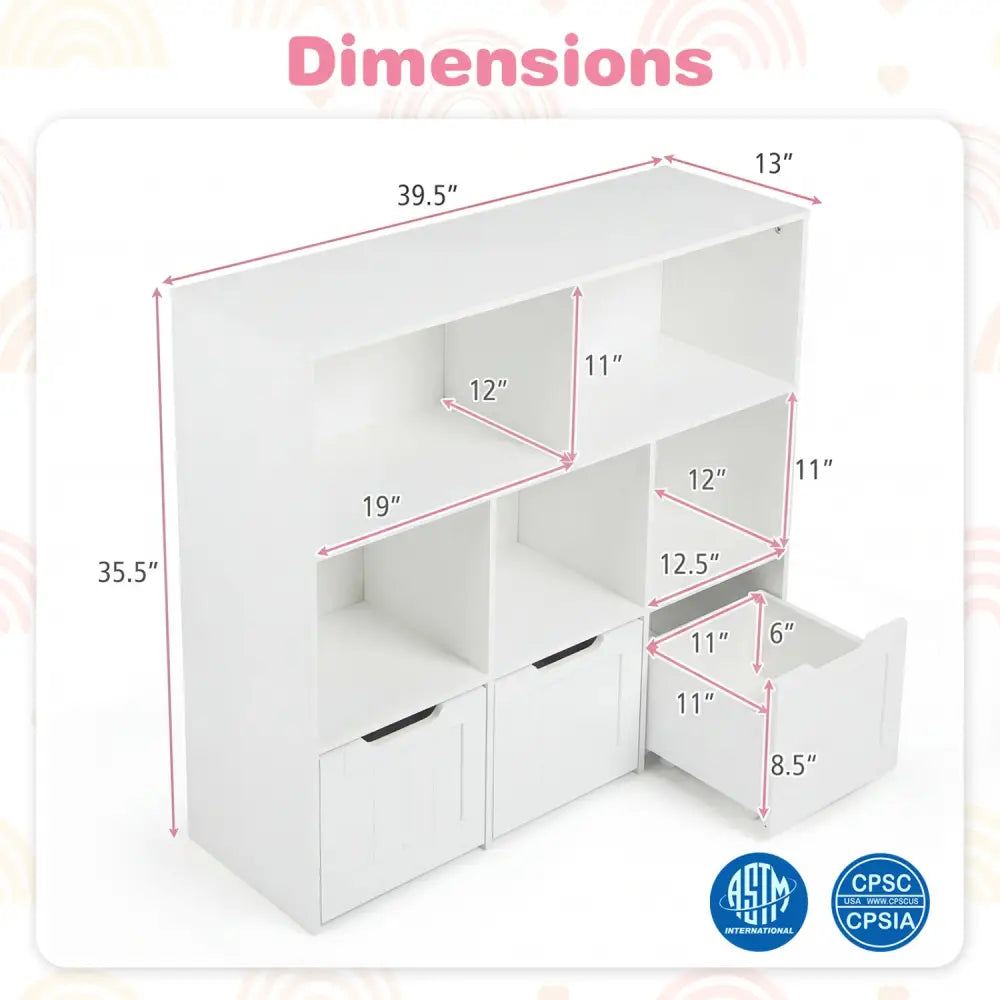 Toy Storage Organizer with 3 Movable Drawers and 5 Open Cubbies for Playroom-White - White - Kids Storage