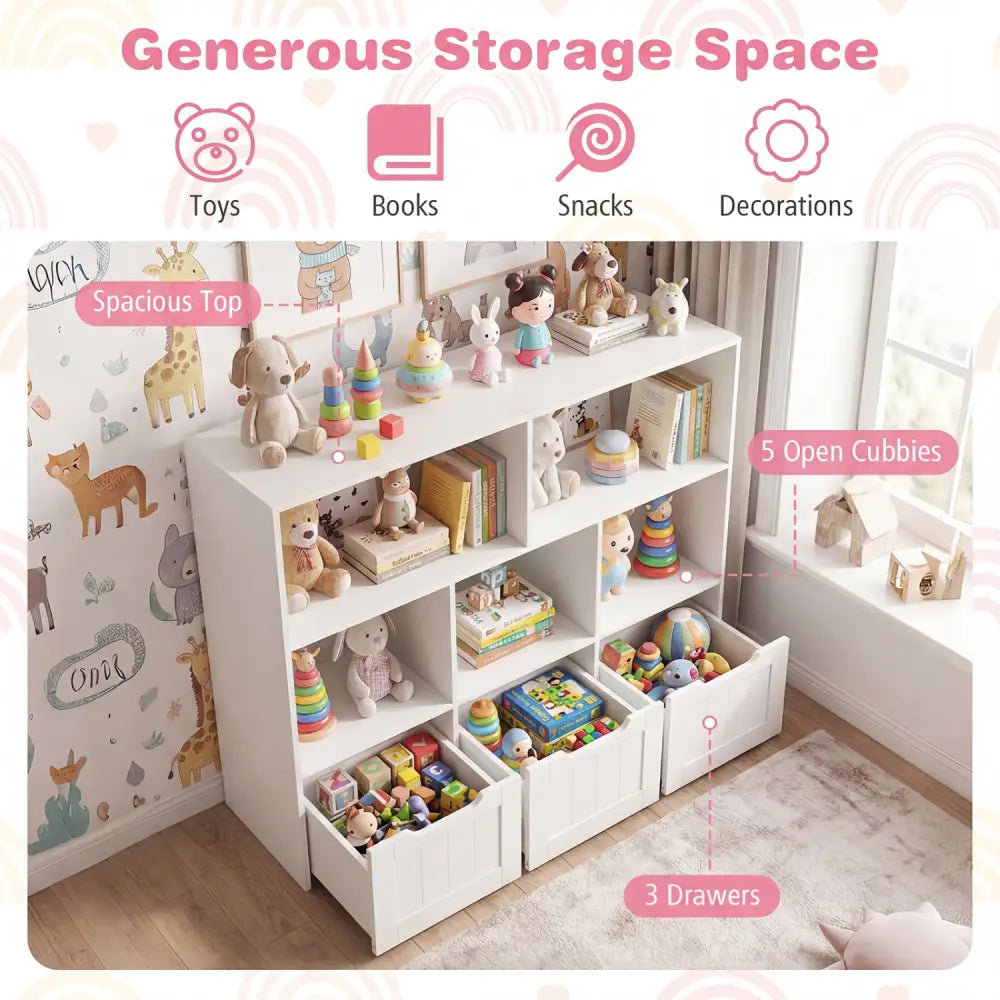 Toy Storage Organizer with 3 Movable Drawers and 5 Open Cubbies for Playroom-White - White - Kids Storage