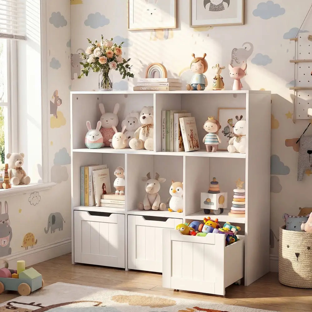 Toy Storage Organizer with 3 Movable Drawers and 5 Open Cubbies for Playroom-White - White - Kids Storage