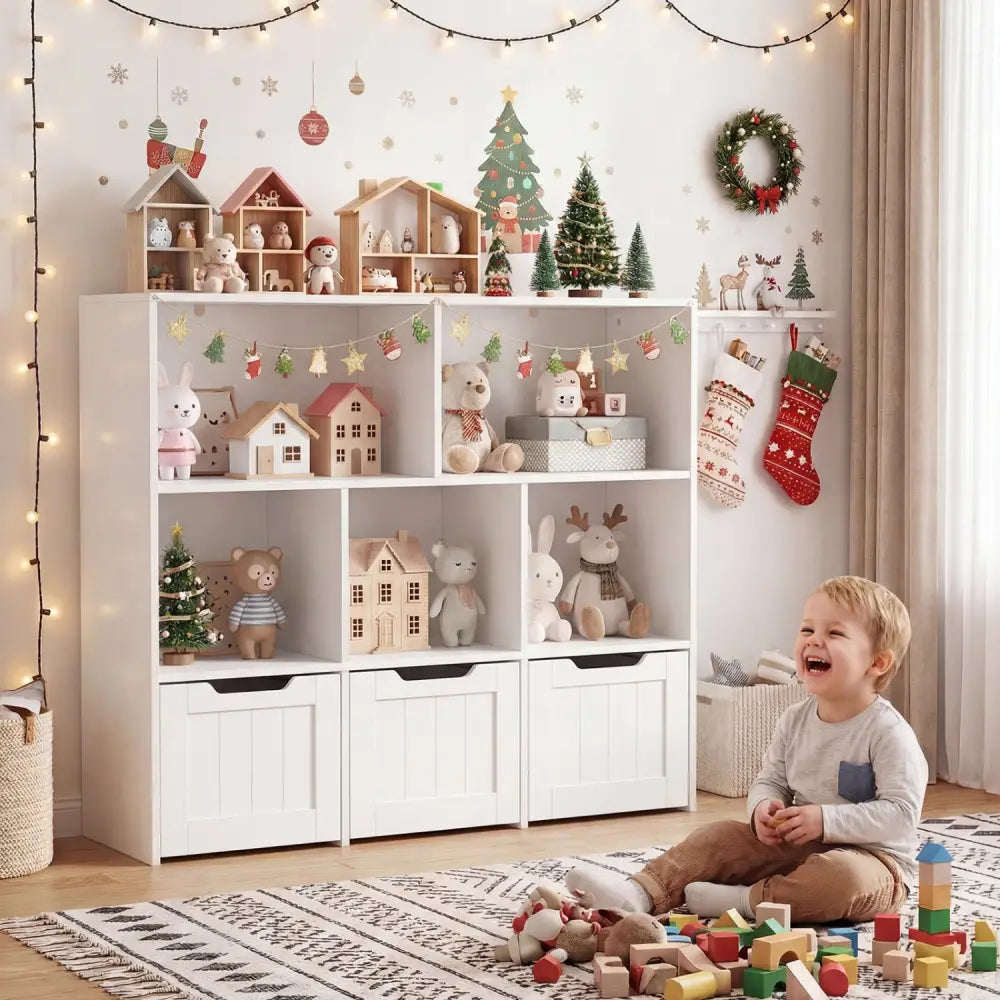 Toy Storage Organizer with 3 Movable Drawers and 5 Open Cubbies for Playroom-White - White - Kids Storage