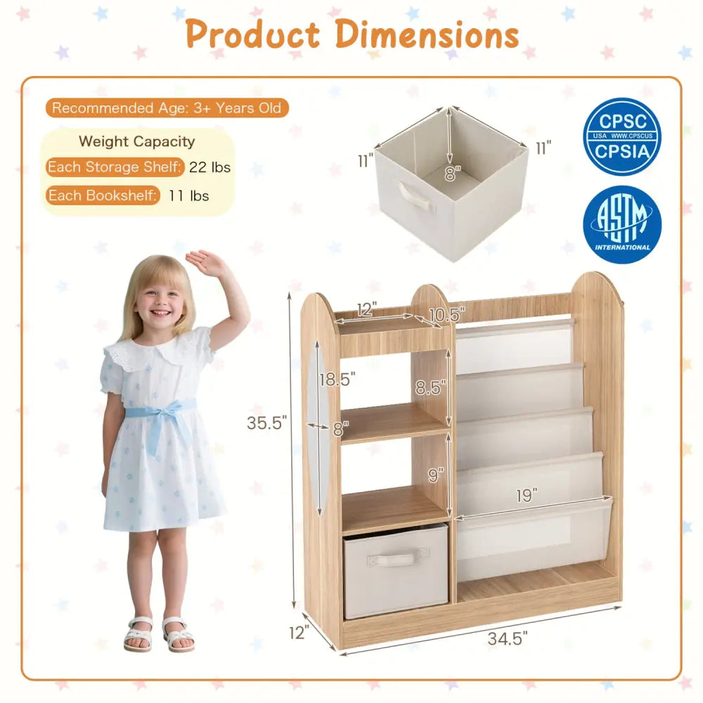 Toy Storage Organizer with 4-Tier Sling Shelves-Natural - Natural - Kids Storage