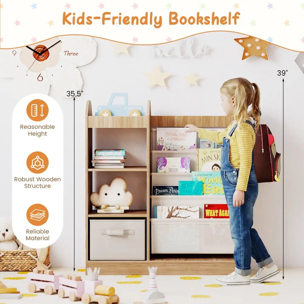 Toy Storage Organizer with 4-Tier Sling Shelves-Natural - Natural - Kids Storage