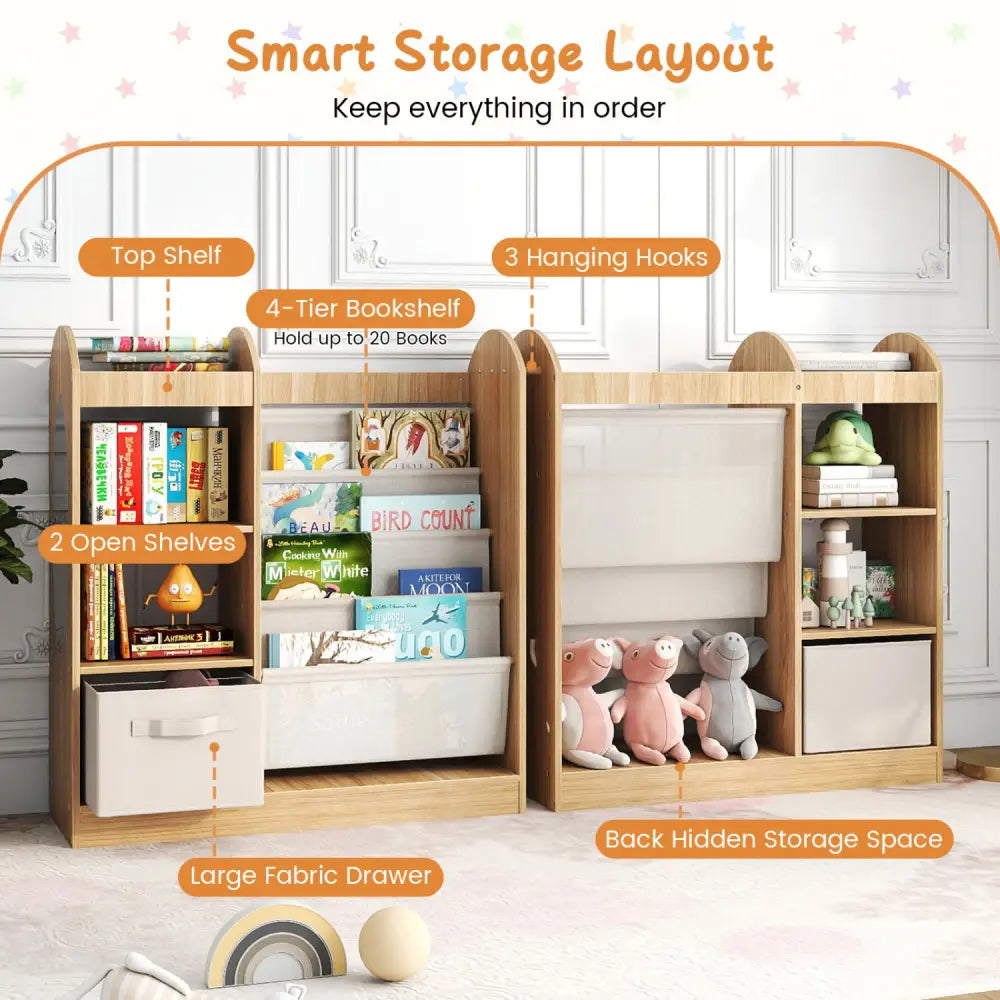 Toy Storage Organizer with 4-Tier Sling Shelves-Natural - Natural - Kids Storage