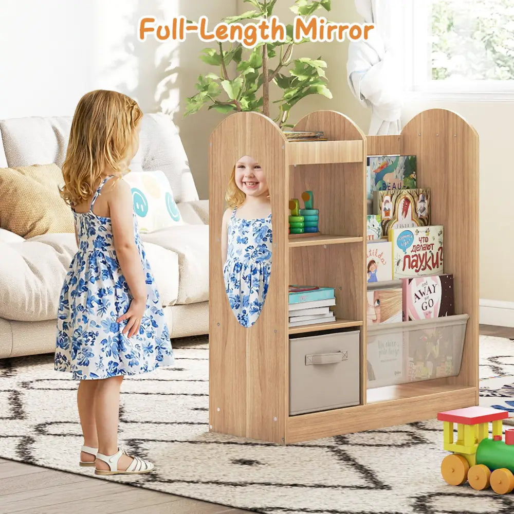 Toy Storage Organizer with 4-Tier Sling Shelves-Natural - Natural - Kids Storage