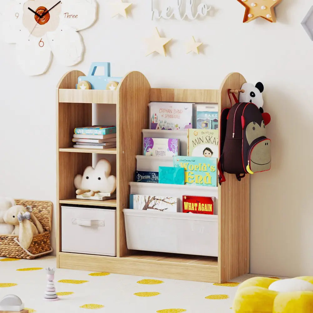 Toy Storage Organizer with 4-Tier Sling Shelves-Natural - Natural - Kids Storage