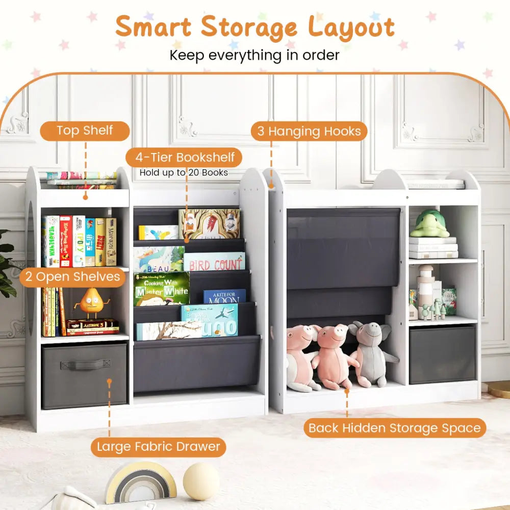 Toy Storage Organizer with 4-Tier Sling Shelves-White - White - Kids Storage
