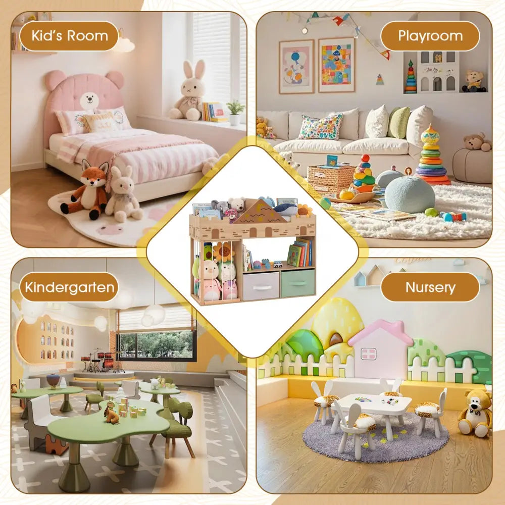 Toy Storage Organizer with Stuffed Animal Storage and Open Shelves-Natural - Natural - Kids Storage