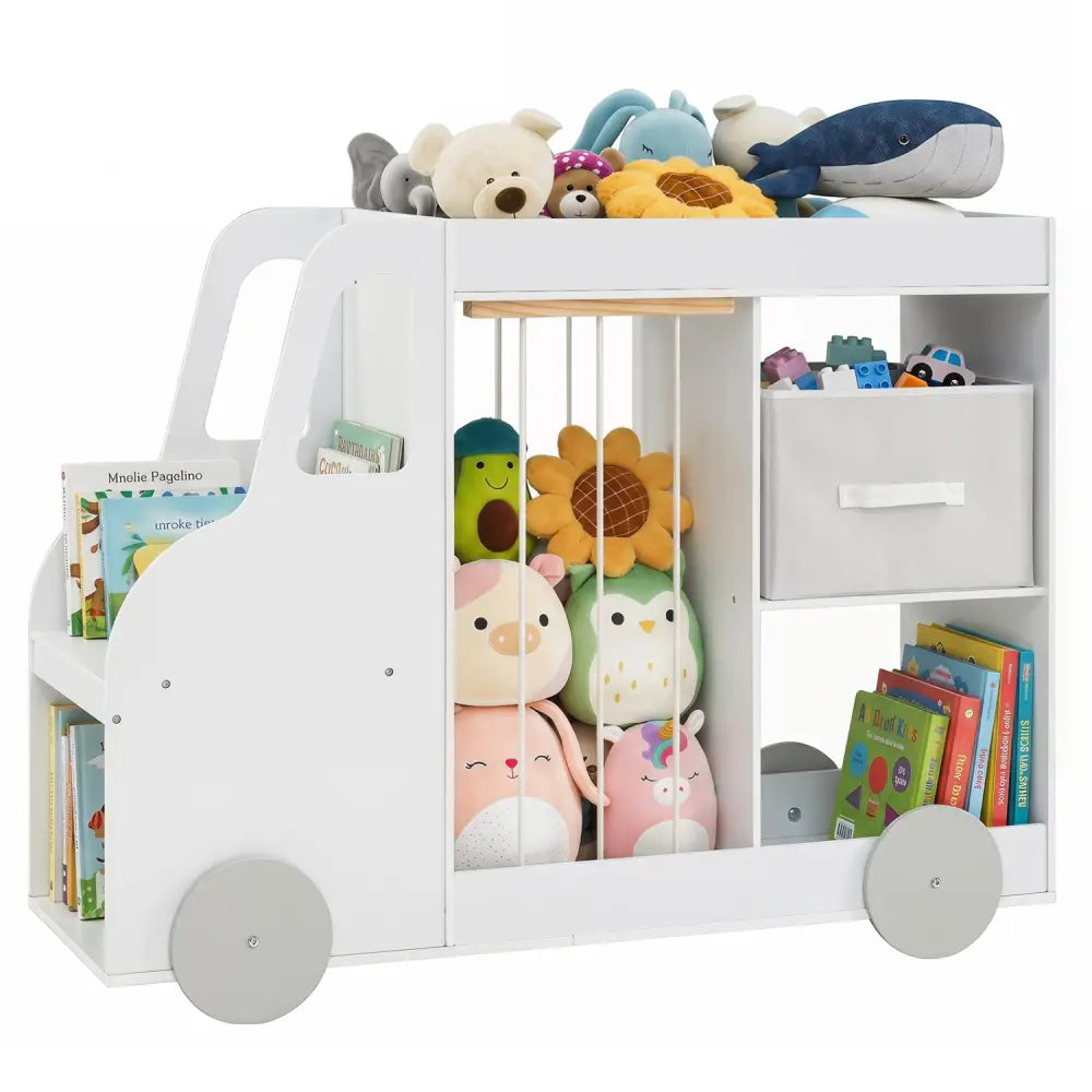 Toy Storage Organizer with Stuffed Animal Storage Fabric Drawer and Universal Wheels-White - White - Kids Storage