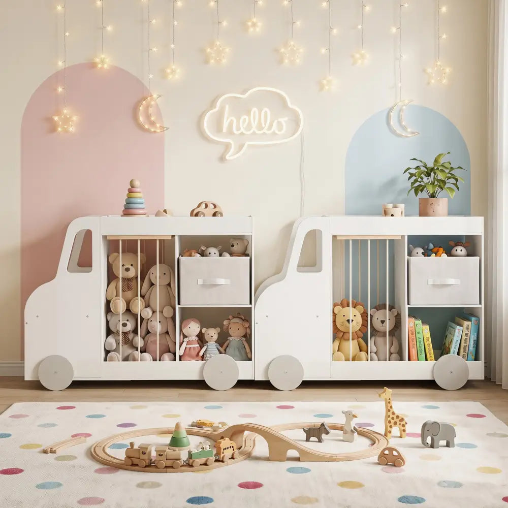Toy Storage Organizer with Stuffed Animal Storage Fabric Drawer and Universal Wheels-White - White - Kids Storage