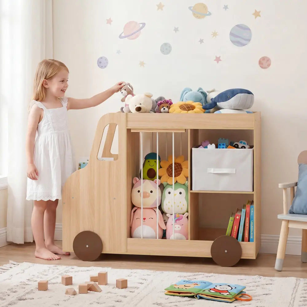 Toy Storage Organizer with Stuffed Animal Storage Fabric Drawer and Universal Wheels-Natrual - Natural - Kids Storage