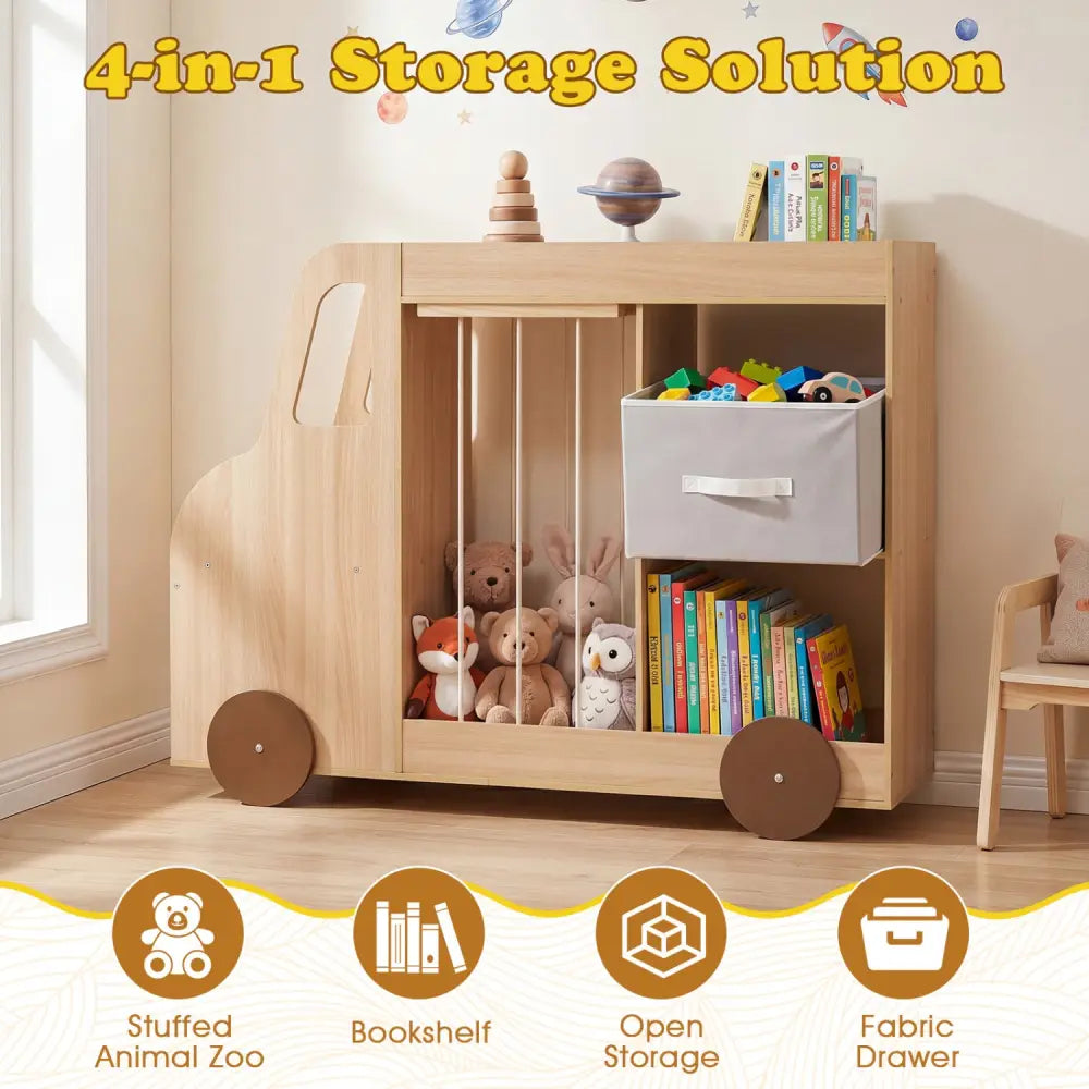 Toy Storage Organizer with Stuffed Animal Storage Fabric Drawer and Universal Wheels-Natrual - Natural - Kids Storage