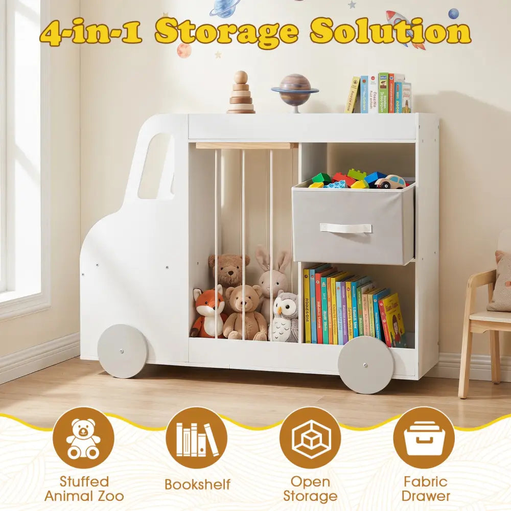 Toy Storage Organizer with Stuffed Animal Storage Fabric Drawer and Universal Wheels-White - White - Kids Storage