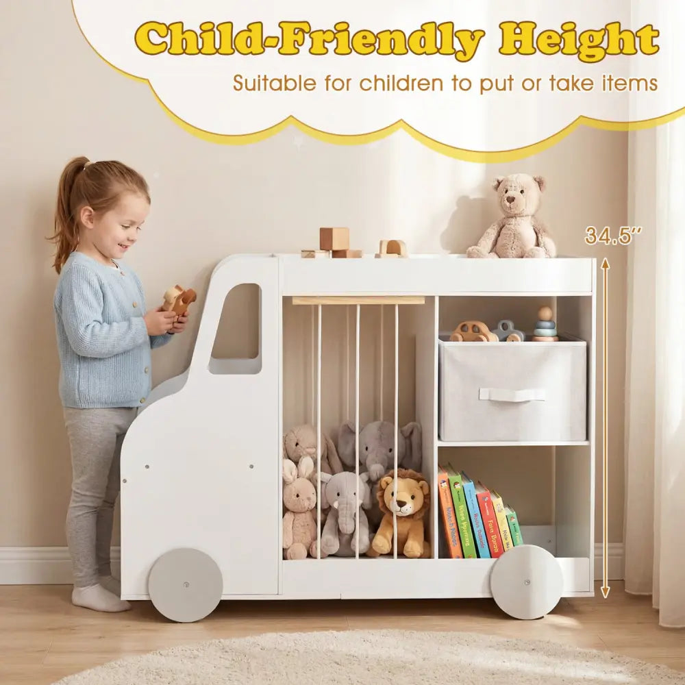 Toy Storage Organizer with Stuffed Animal Storage Fabric Drawer and Universal Wheels-White - White - Kids Storage