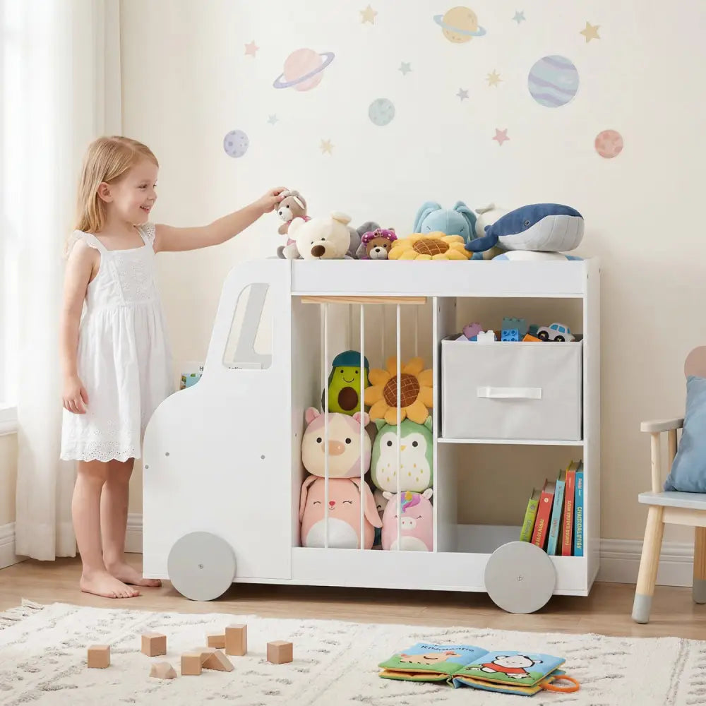 Toy Storage Organizer with Stuffed Animal Storage Fabric Drawer and Universal Wheels-White - White - Kids Storage