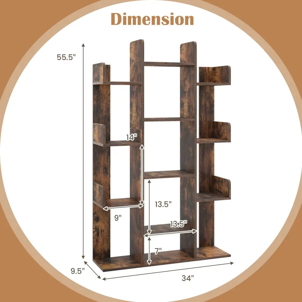 Tree-Shaped Bookshelf with 13 Compartments for Home Office-Rustic Brown - Rustic Brown - Bookcases