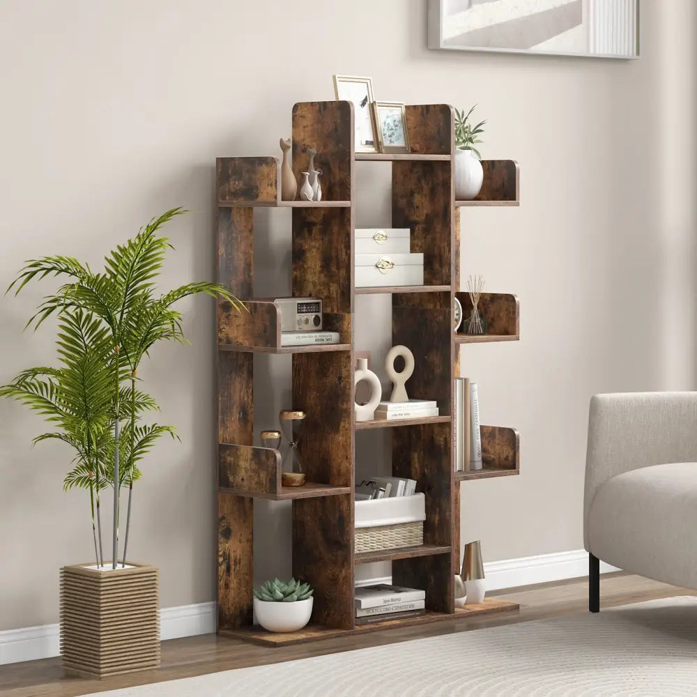 Tree-Shaped Bookshelf with 13 Compartments for Home Office-Rustic Brown - Rustic Brown - Bookcases