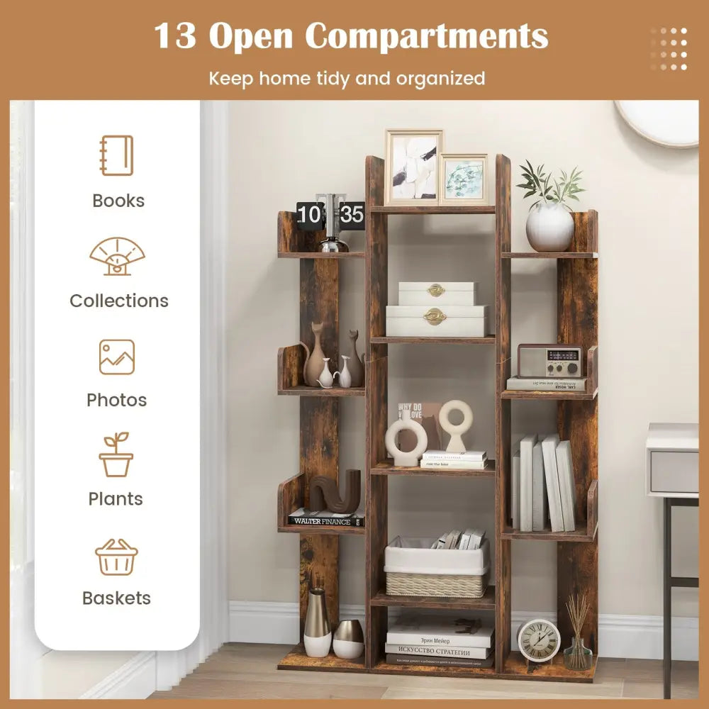 Tree-Shaped Bookshelf with 13 Compartments for Home Office-Rustic Brown - Rustic Brown - Bookcases