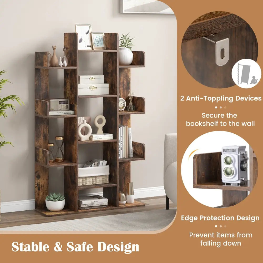 Tree-Shaped Bookshelf with 13 Compartments for Home Office-Rustic Brown - Rustic Brown - Bookcases