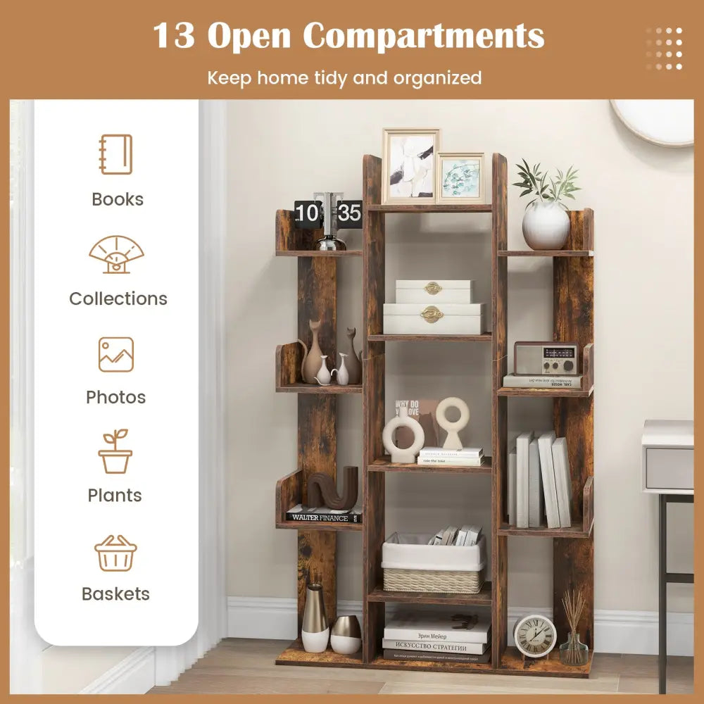 Tree-Shaped Bookshelf with 13 Compartments for Home Office-Rustic Brown - Rustic Brown - Bookcases