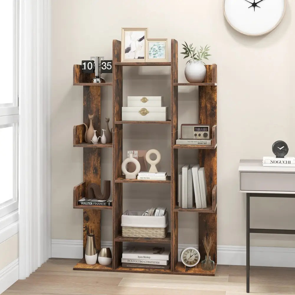 Tree-Shaped Bookshelf with 13 Compartments for Home Office-Rustic Brown - Rustic Brown - Bookcases