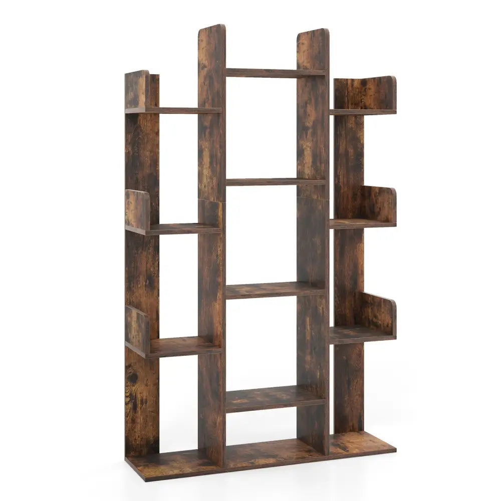 Tree-Shaped Bookshelf with 13 Compartments for Home Office-Rustic Brown - Rustic Brown - Bookcases