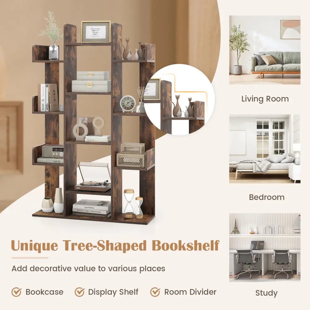 Tree-Shaped Bookshelf with 13 Compartments for Home Office-Rustic Brown - Rustic Brown - Bookcases