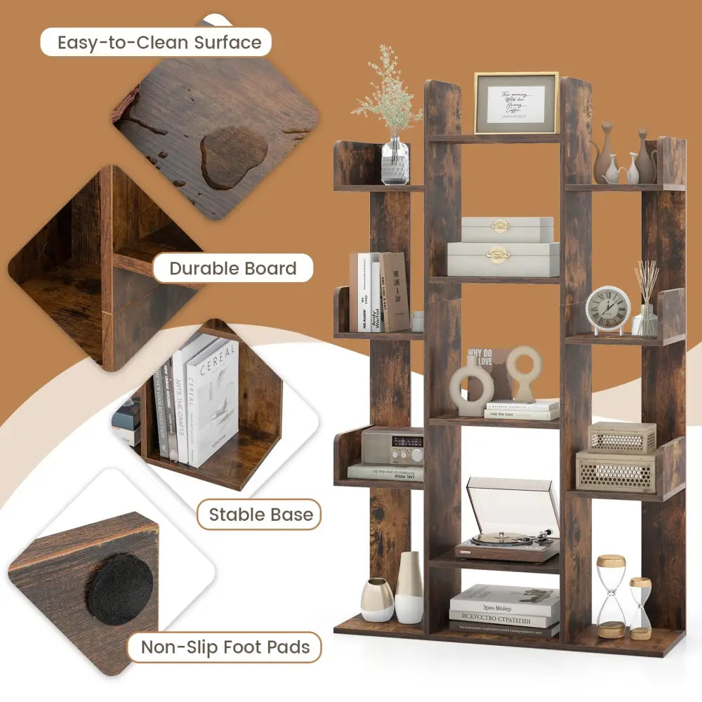 Tree-Shaped Bookshelf with 13 Compartments for Home Office-Rustic Brown - Rustic Brown - Bookcases