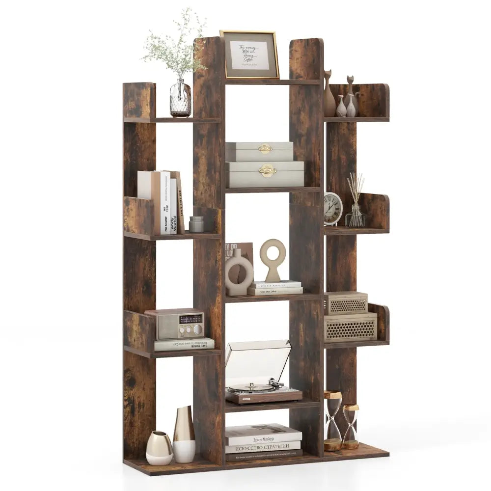 Tree-Shaped Bookshelf with 13 Compartments for Home Office-Rustic Brown - Rustic Brown - Bookcases