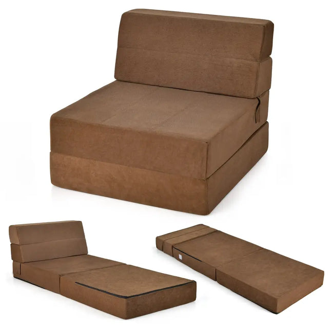 Tri-Fold Folding Chair Convertible Sleeper Bed-Brown - Brown - Floor Chairs