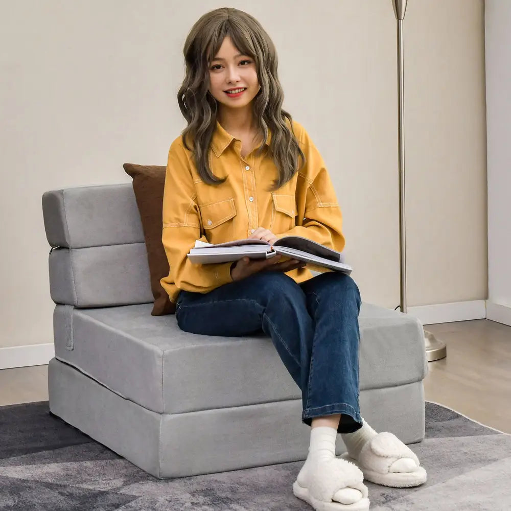 Tri-Fold Folding Chair Convertible Sleeper Bed-Gray - Gray - Floor Chairs