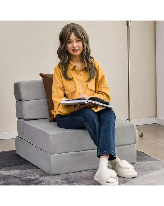 Tri-Fold Folding Chair Convertible Sleeper Bed-Gray - Gray - Floor Chairs