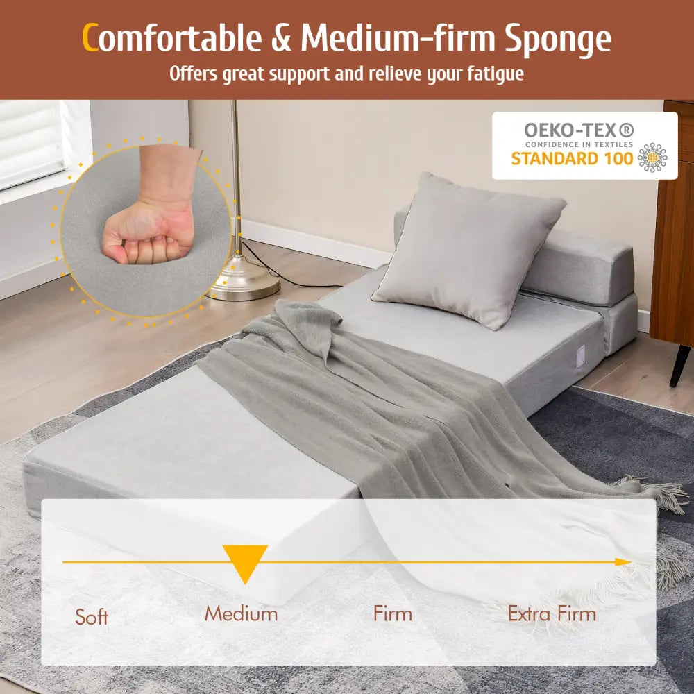 Tri-Fold Folding Chair Convertible Sleeper Bed-Gray - Gray - Floor Chairs